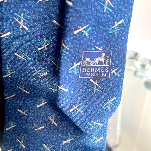HERMES H pattern navy blue 100% Silk Logo Men's tie - Picture 8 of 9